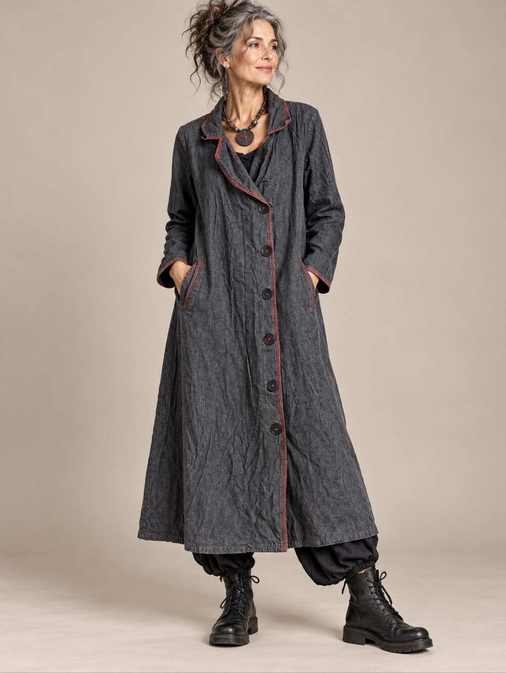 East Essence Lagenlook Maxi Duster Size L Grey 100% Cotton Jacket Layer